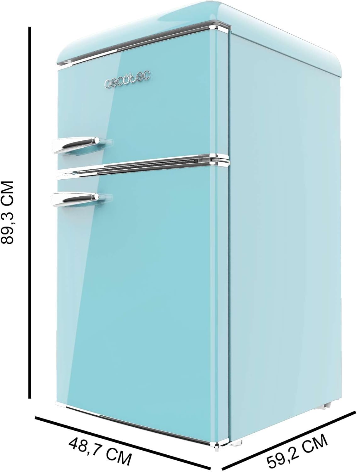 Cecotec Mini Réfrigérateur 2 Portes Retro 86L Bolero CoolMarket 2D Origin 86 Blue E, 89,3cm H et 48,7cm L, IceBox, Classe Énergétoque E, Total No Frost, Lumière Intérieure et Poignée Chromée, Bleu – Image 2