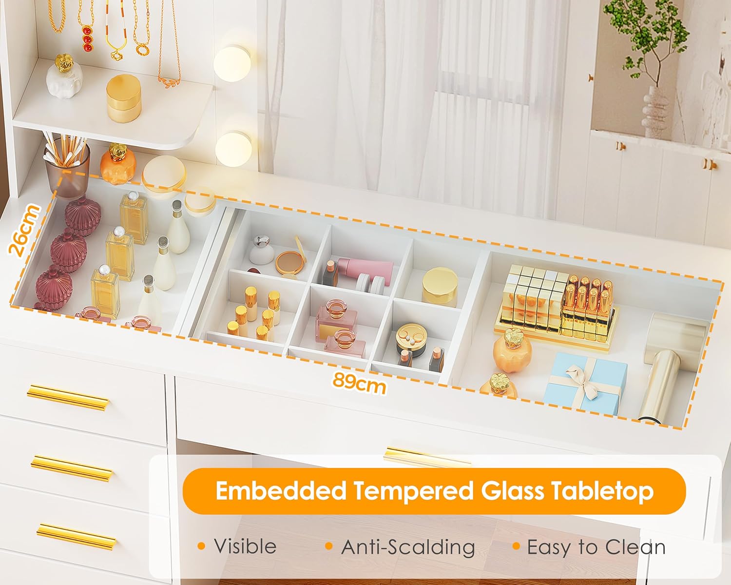 ANWBROAD Grande Coiffeuse avec Miroir et Prise, Éclairage LED Réglable,Table de Maquillage avec Plateau en Verre Coiffeuse Moderne avec 8 Tiroirs 3 Étagères 5 Crochets Blanc BDT88W – Image 3
