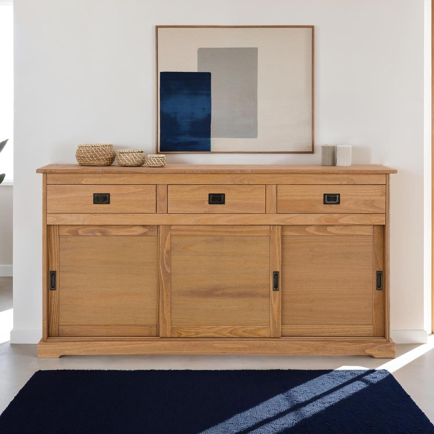 IDIMEX Buffet Savona bahut vaisselier Commode avec 3 tiroirs et 3 Portes coulissantes, en pin Massif lasuré Brun – Image 2