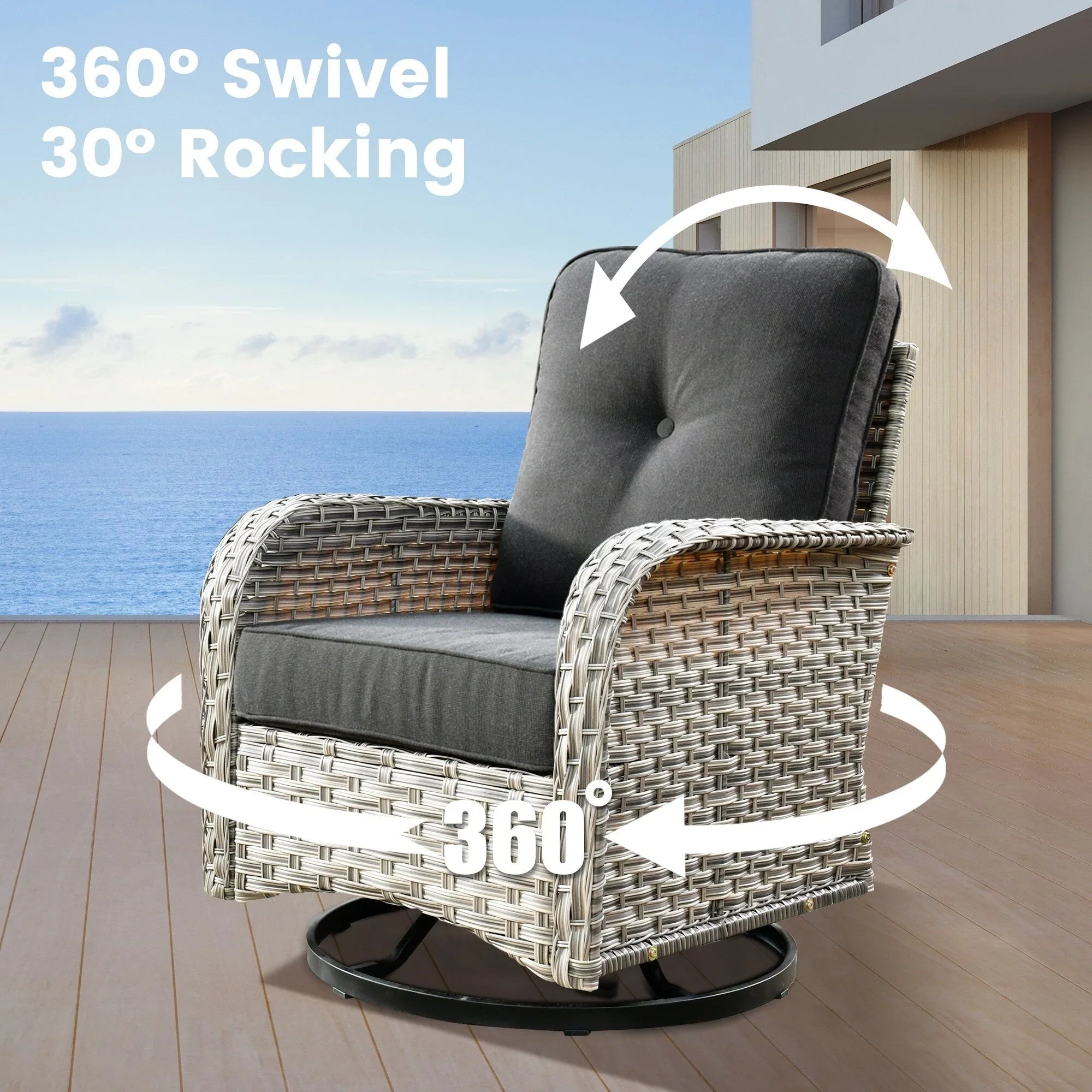 OVIOS 9 Pieces Outdoor Wicker Swivel Chair Set With Fire Table – Image 47