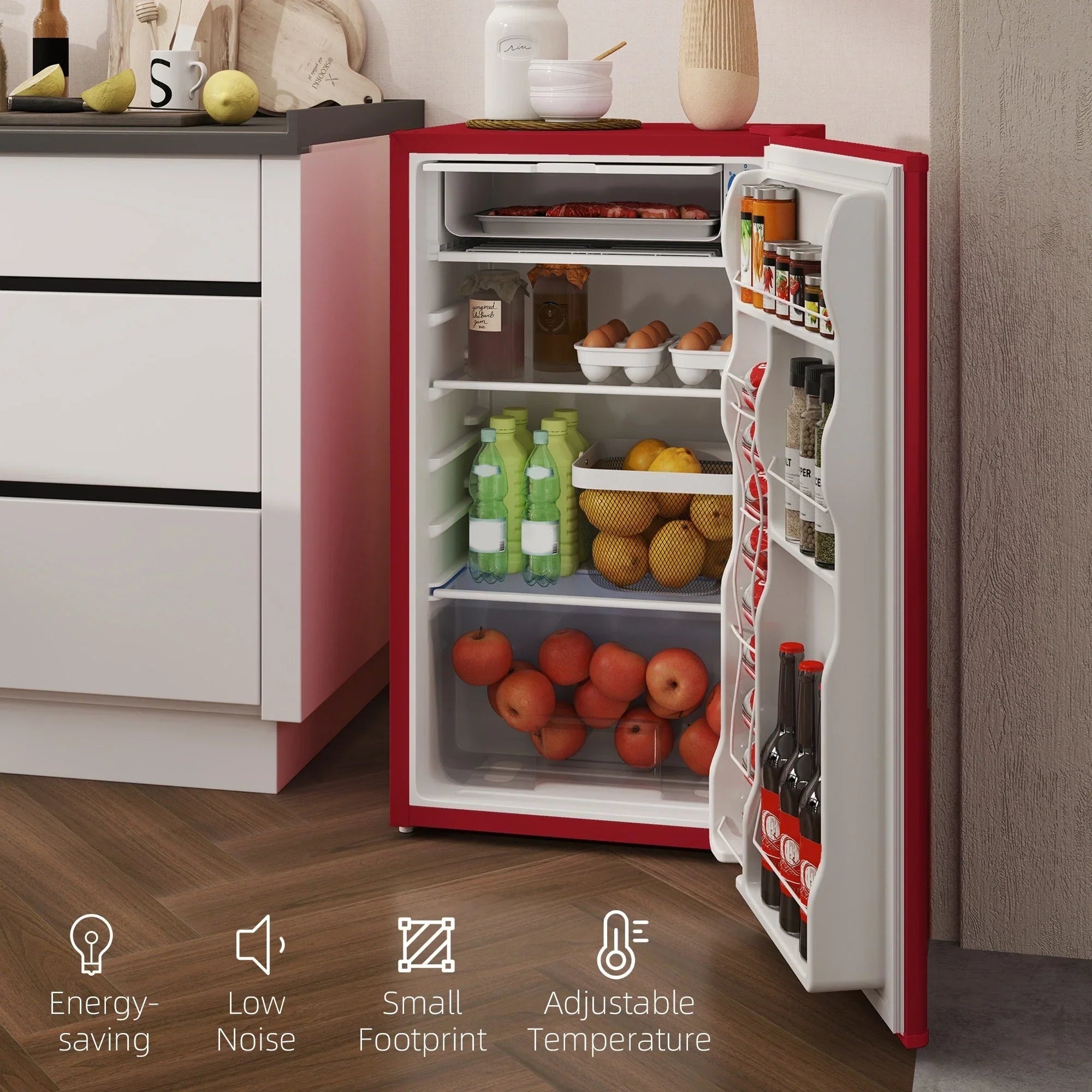 HOMCOM 3.2 Cu.Ft Mini Fridge with Freezer, Single Door Compact Refrigerator with Adjustable Thermostat for Bedroom – Image 16