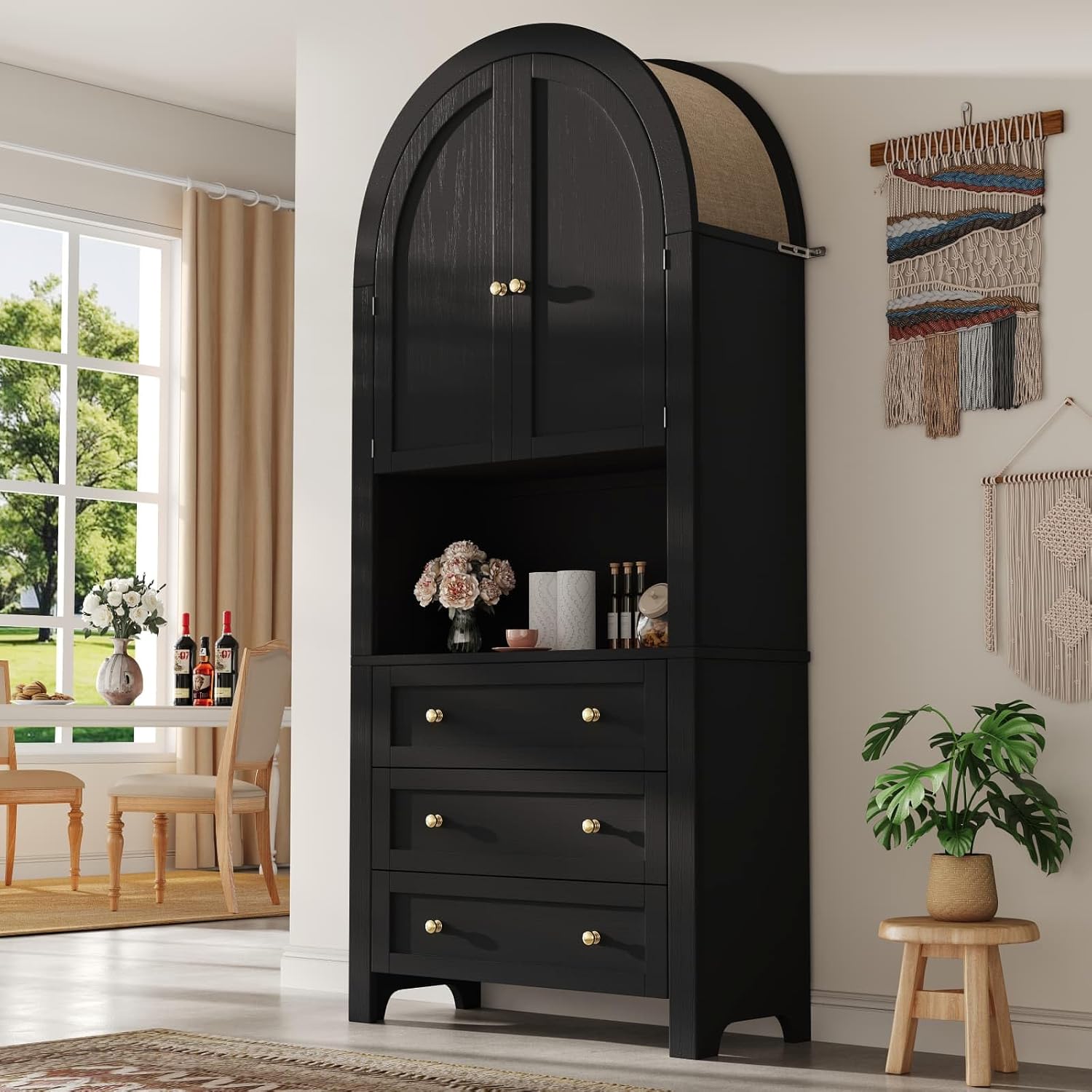 KOMHTOM Armoire de Rangement Haute, Armoire en Bois, Meuble de Rangement, Conception avec Dessus Incurvé, 3 Tiroirs, 2 Portes, pour Cuisine et Salon Noir – Image 5