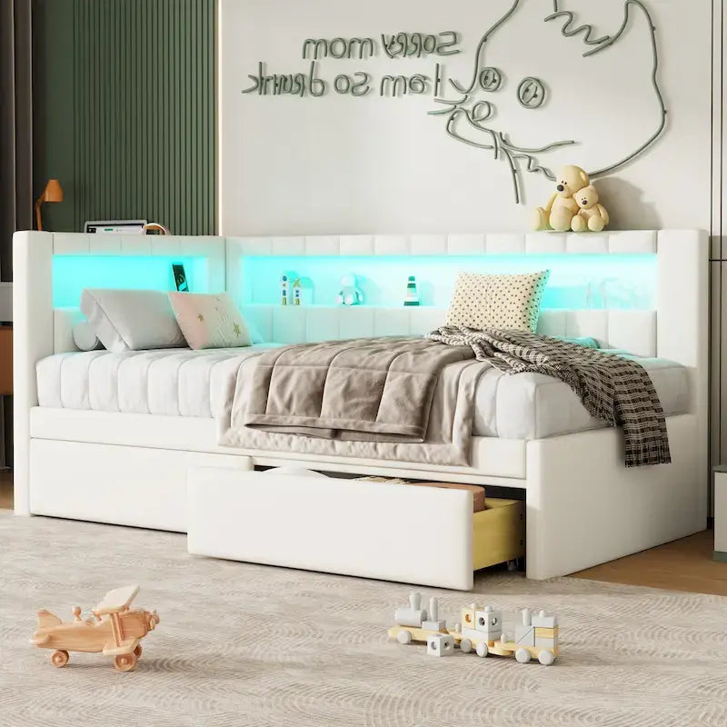 Upholstered Platform Bed with USB Ports & LED Lighting - Full/Twin Size Bed Frame with 2 Storage Drawers - Modern Bedroom – Image 4