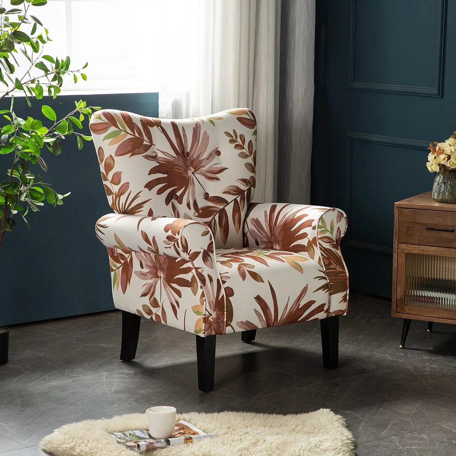 Erommy Modern Accent Chair, High Back Armchair, Upholstered Fabric Button Single Sofa with Wooden Legs for Living Room – Image 146