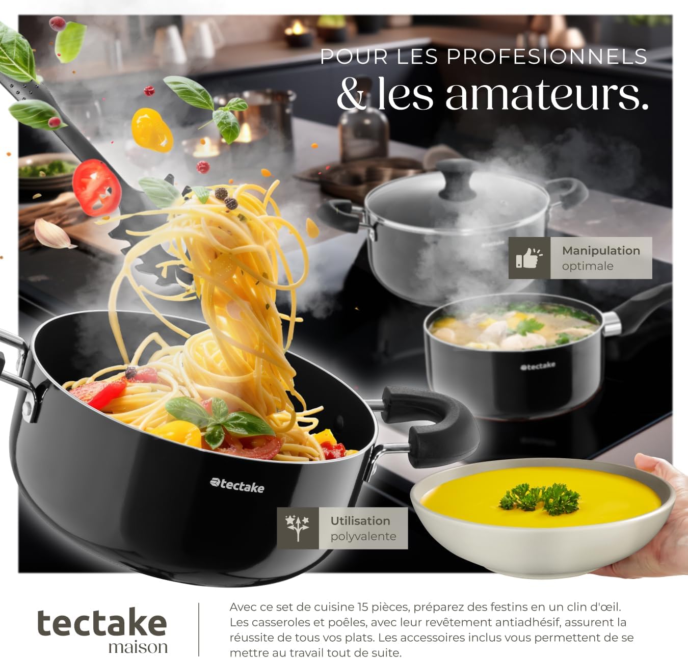 tectake® Set de cuisine 45 pièces, Service de table 6 personnes et Batterie de cuisine, Poêles, Casseroles, Assiettes plates, Assiettes creuses, Bols, Tasses, Louche, Spatule, Vaisselle en grès – Image 3