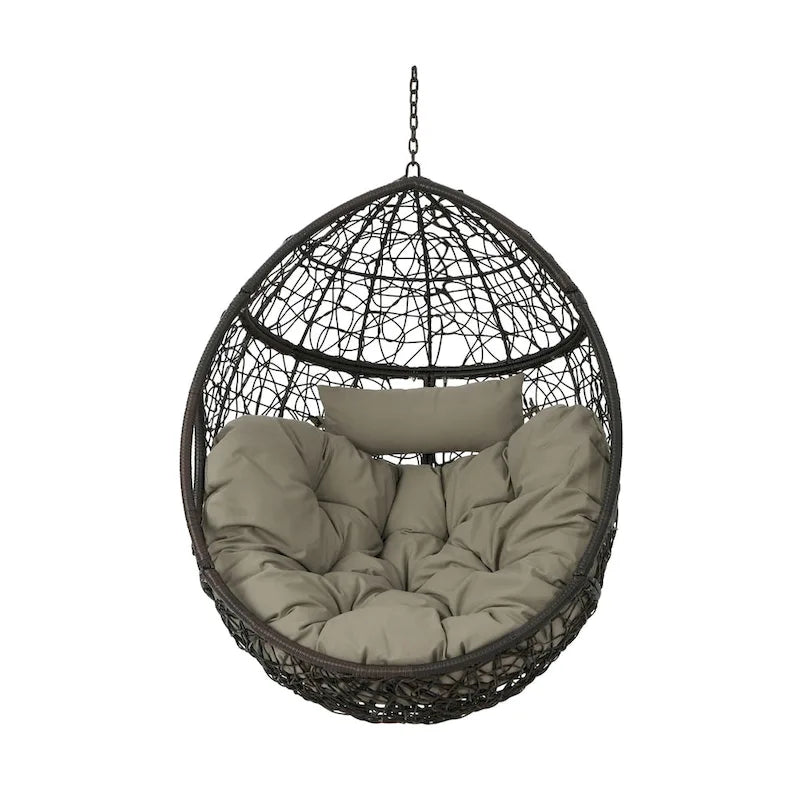 Khaki Brown / Gray Wicker Hanging Egg Chair with Cushion, 1-Person, 300 lbs Capacity – Image 13
