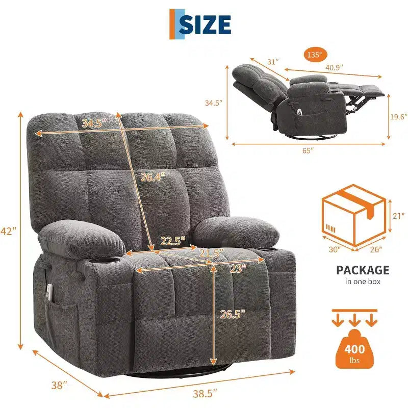 Oversized Recliner Chair for Adults, Manual Swivel Rocker Sofa, Side Pockets & Cup Holders for Big and Tall Persons, Living Room – Image 7
