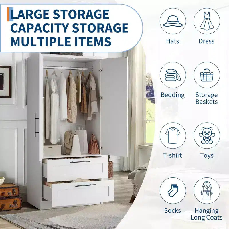 2-Door Wooden Wardrobe with 2 Drawers and Shelf for Hanging Clothes, Freestanding Bedroom Storage Cabinet for Bedroom Living Room – Image 3