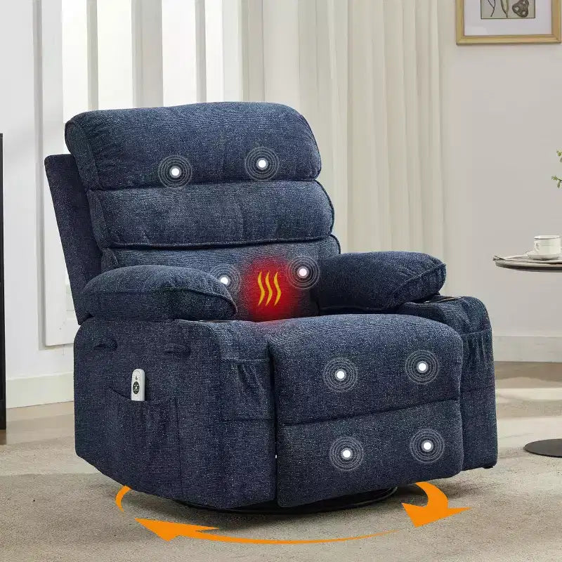 Massage Rocker Recliner with Heating, 360 Swivel Glider Recliner Chairs for Adults, Linen Nursery Chair with Side Pocket, Two Cup Holders – Image 2
