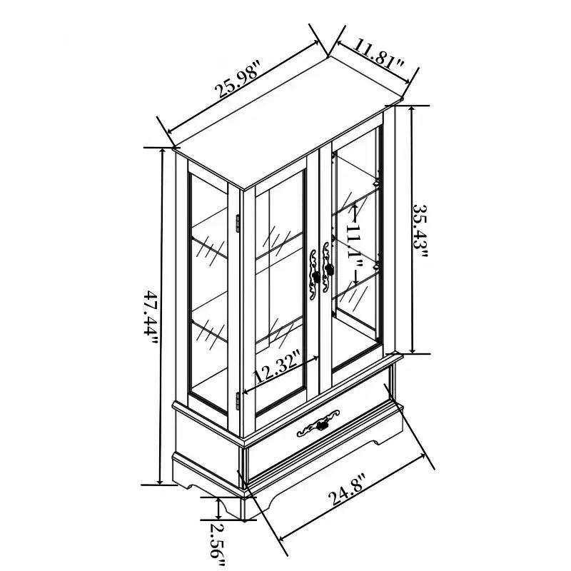 Lighted Glass Curio Cabinet with Adjustable Shelves - Elegant 2-Door Display Cabinet & Built-in Drawer, Includes Bulb – Image 2