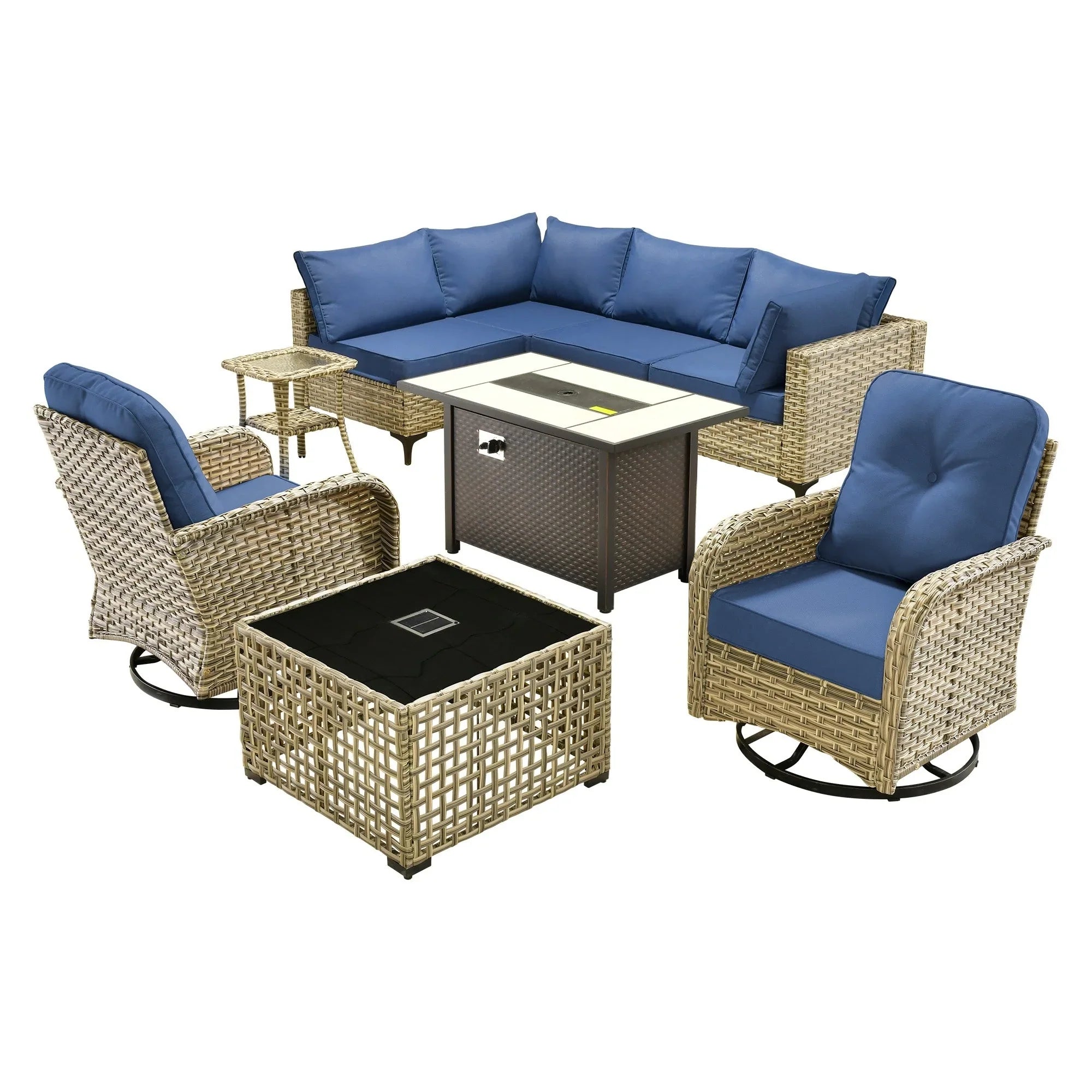 OVIOS 9 Pieces Outdoor Wicker Swivel Chair Set With Fire Table – Image 39