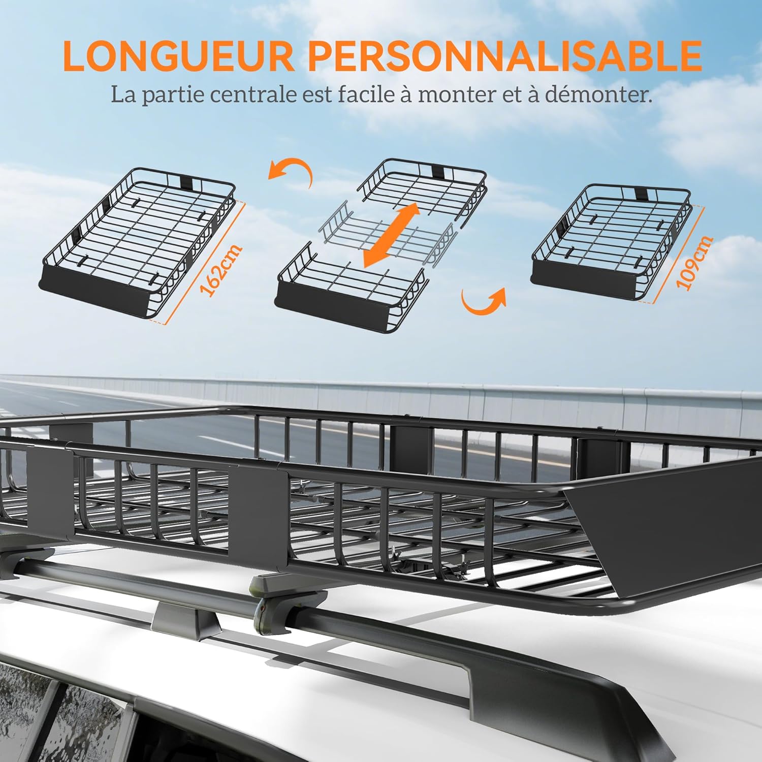 HOMCOM Porte-Bagage pour Voiture Galerie de Toit pour Voiture en métal réglable en Longueur de 109 à 162L cm Charge Max 100kg – Image 3