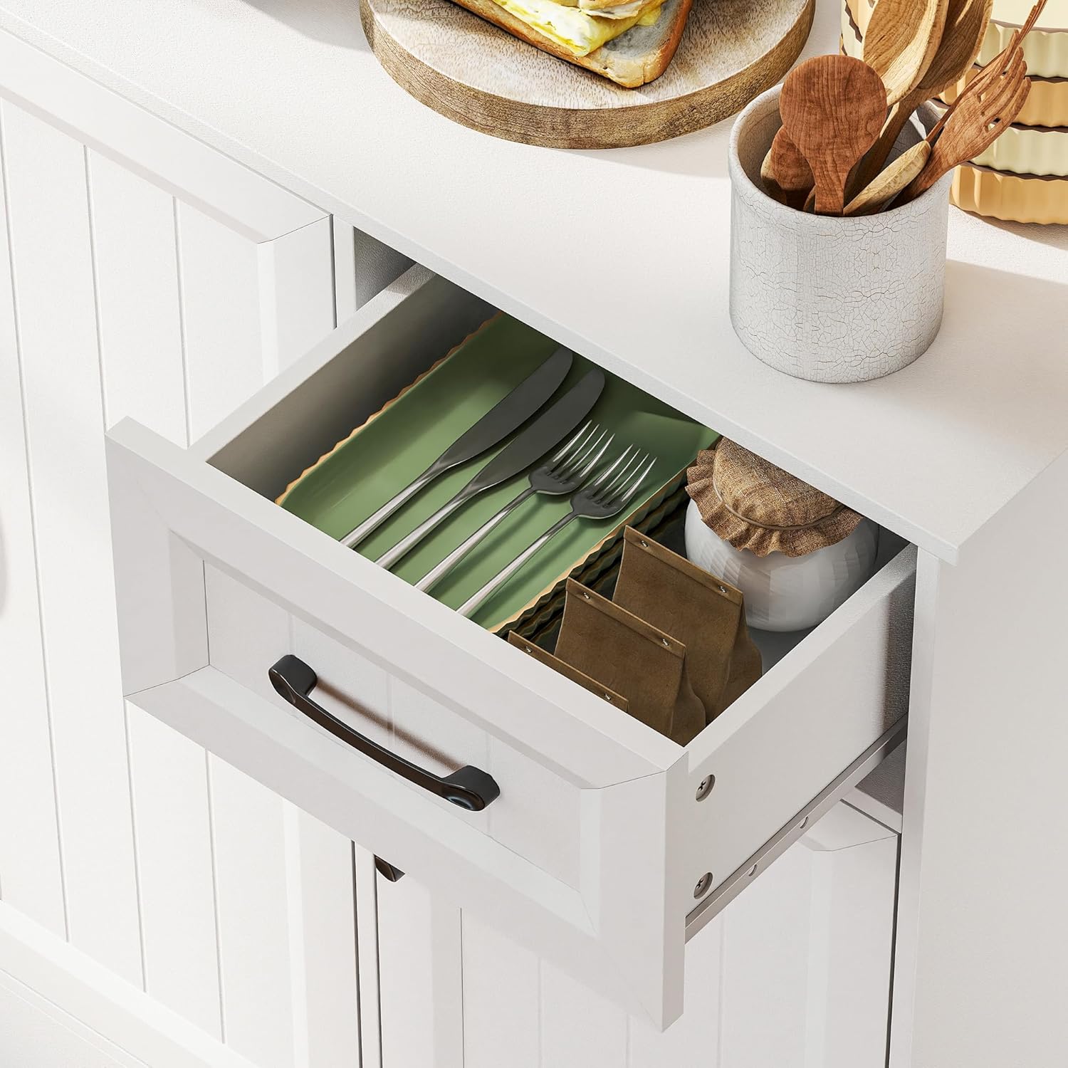 HOMCOM Armoire de cuisine, armoire buffet avec plan de travail, étagères réglables, 6 portes, tiroir, haute garde-manger avec trou de câble, pour cuisine salon salle à manger 100 x 39,5 x – Image 9