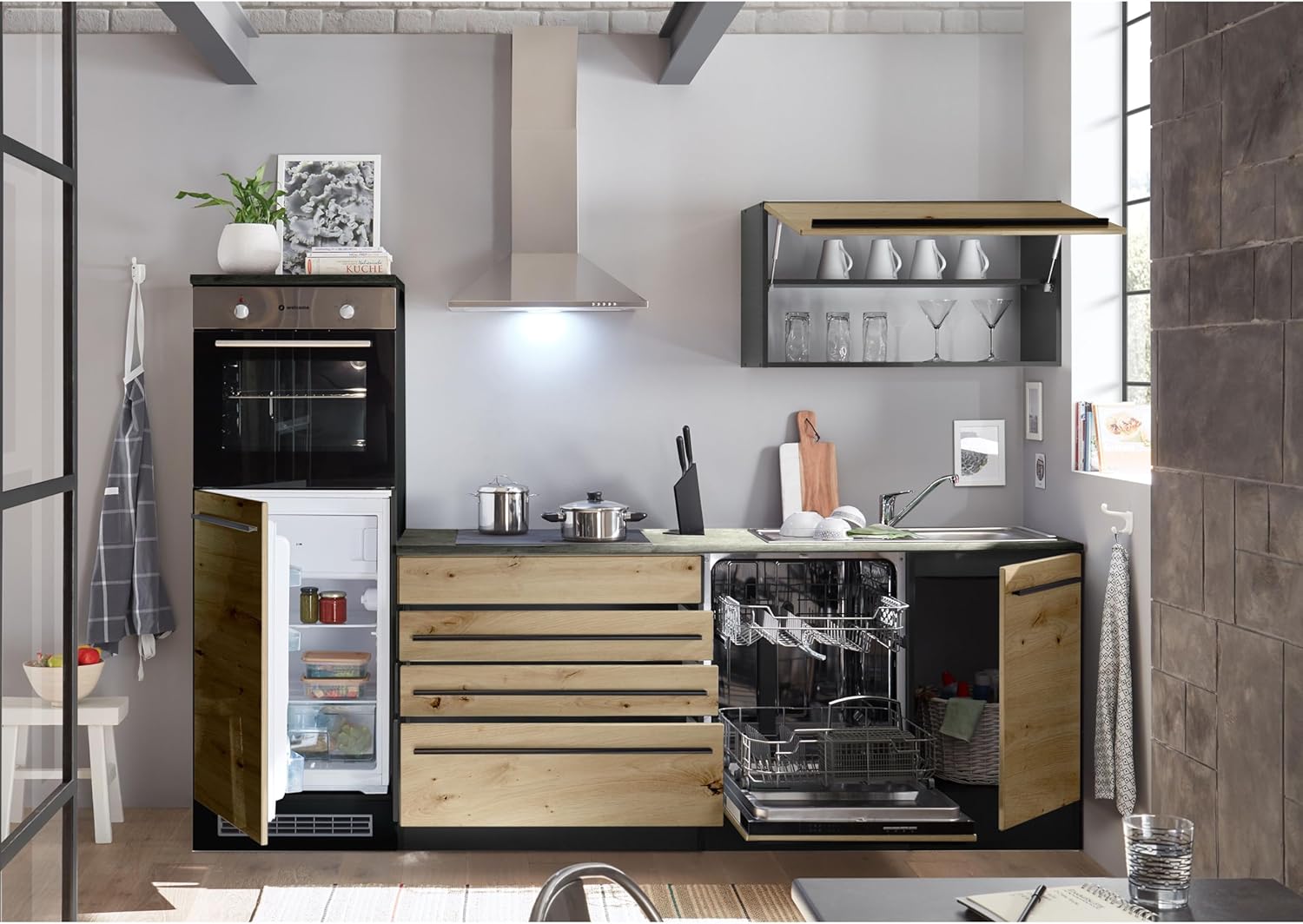 Stella Trading Jazz 6 Cuisine Moderne sans électroménager, Anthracite, Aspect chêne Artisan - Cuisine intégrée spacieuse avec Beaucoup de Rangement - 260 x 200 x 60 cm L/H/P – Image 5