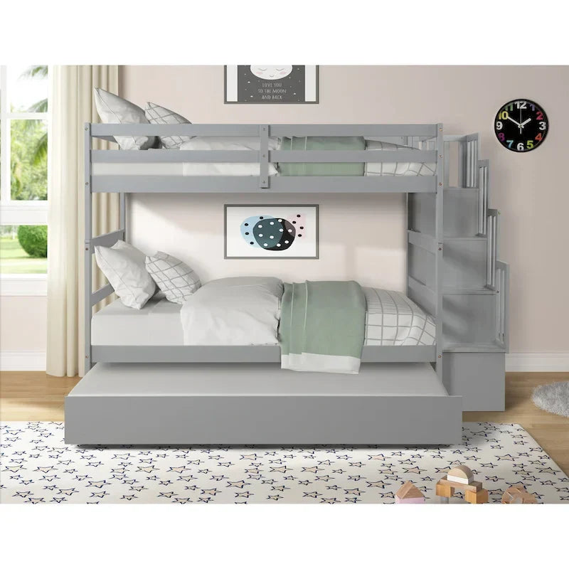 Twin over Twin Bunk Beds With Twin Trundle and Stairway Storage Function in Grey Color – Image 11
