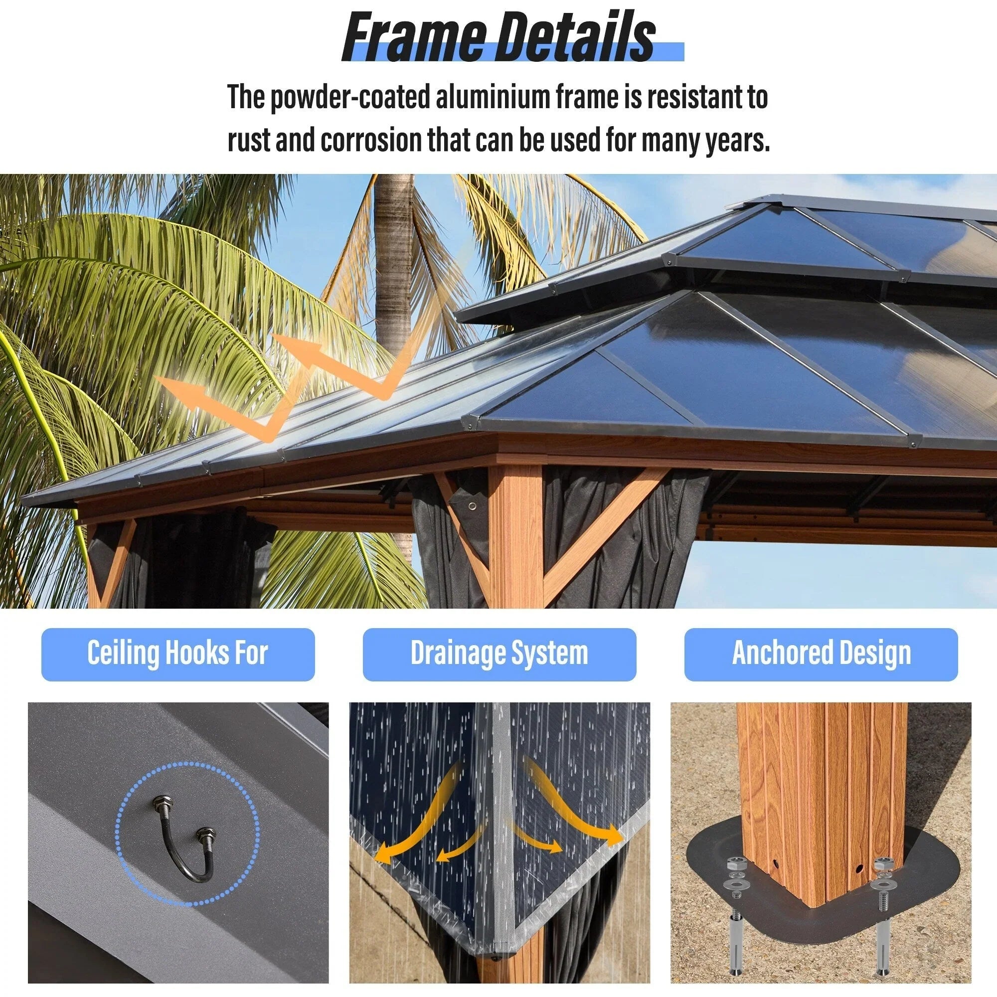 EROMMY Hardtop Gazebo,Outdoor Pergola with Double Roof & Netting & Curtains,Heavy Duty Canopy for Patio, Backyard, Pool party – Image 124