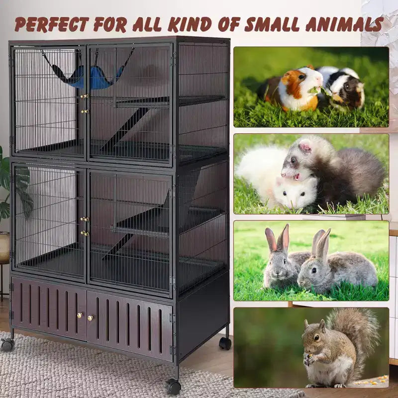 Small Animal Cage, Ferret Cage - 59'' 5-Tier Habitat with Storage Cabinet, Includes Hammock/Wheels/Removable Ramps/Easy-Clean Trays – Image 2