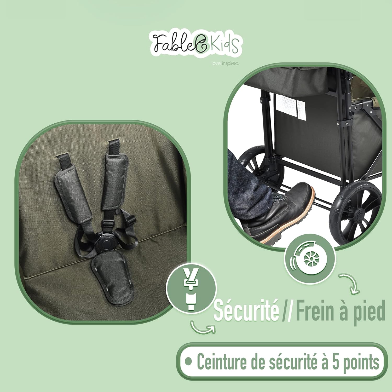 FableKids Chariot Leo X2Lite avec Toit 2 Places Chariot de Transport Pliable Sac arrière Harnais 5 Points Roues 360° Couverture Anti-poussière Incluse Oxford 600D Vert Safari – Image 3