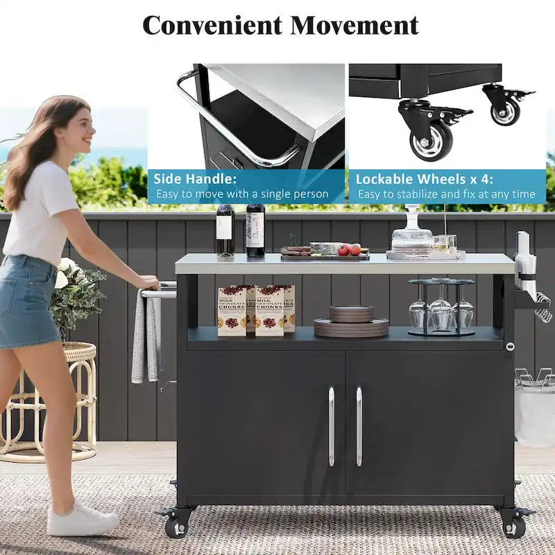 Outdoor Kitchen Island With Stainless Steel Tabletop,Metal Grill Cart Table With Storage Cabinet - N/A – Image 4
