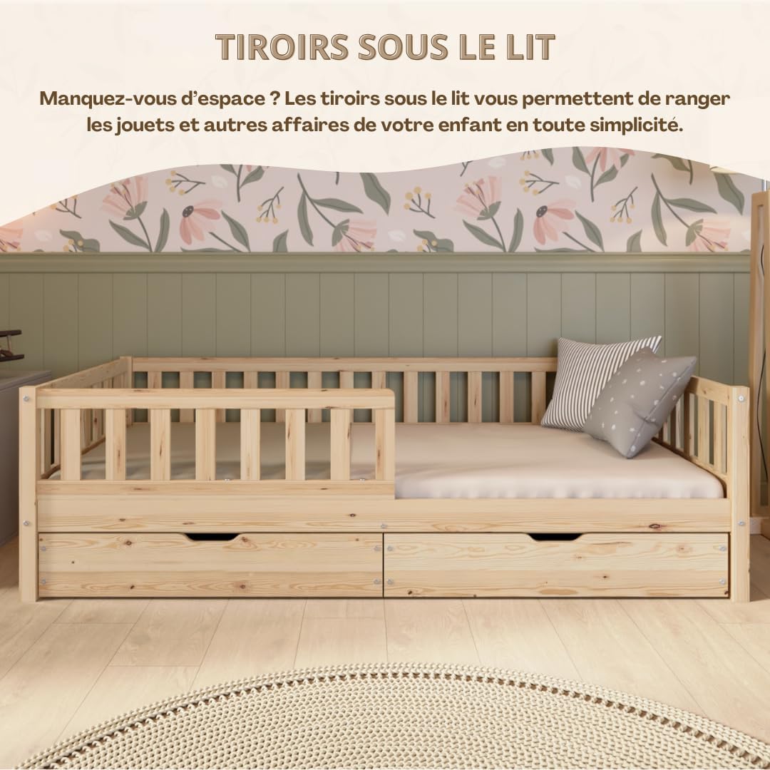 Lit Enfant avec Tiroirs 190x90 cm – Montessori au Sol en Bois Massif avec Barrière – Sécurisé pour Tout-Petit – Design Scandinave, Montage Facile - Crazy Basic – Image 6