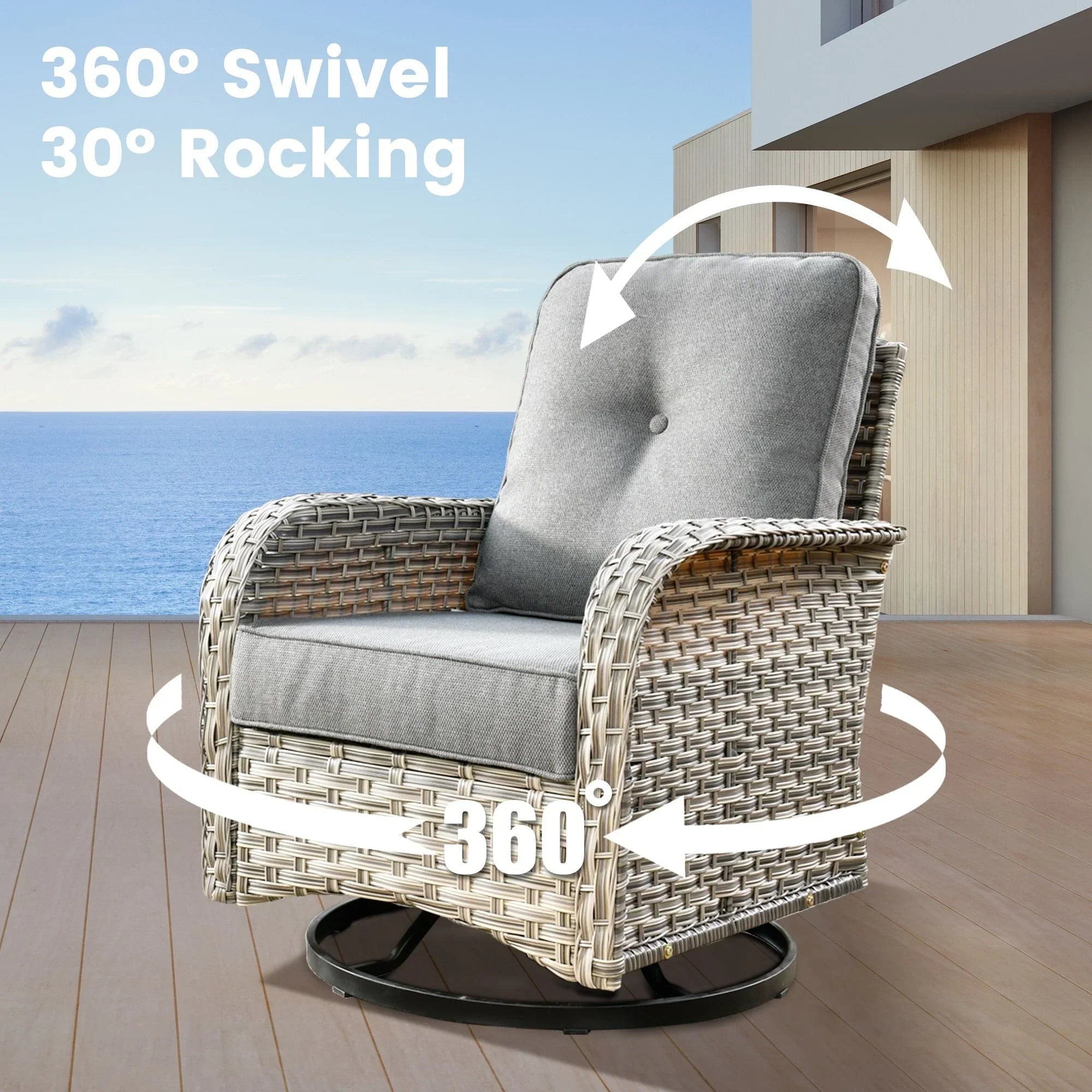 OVIOS 9 Pieces Outdoor Wicker Swivel Chair Set With Fire Table – Image 63