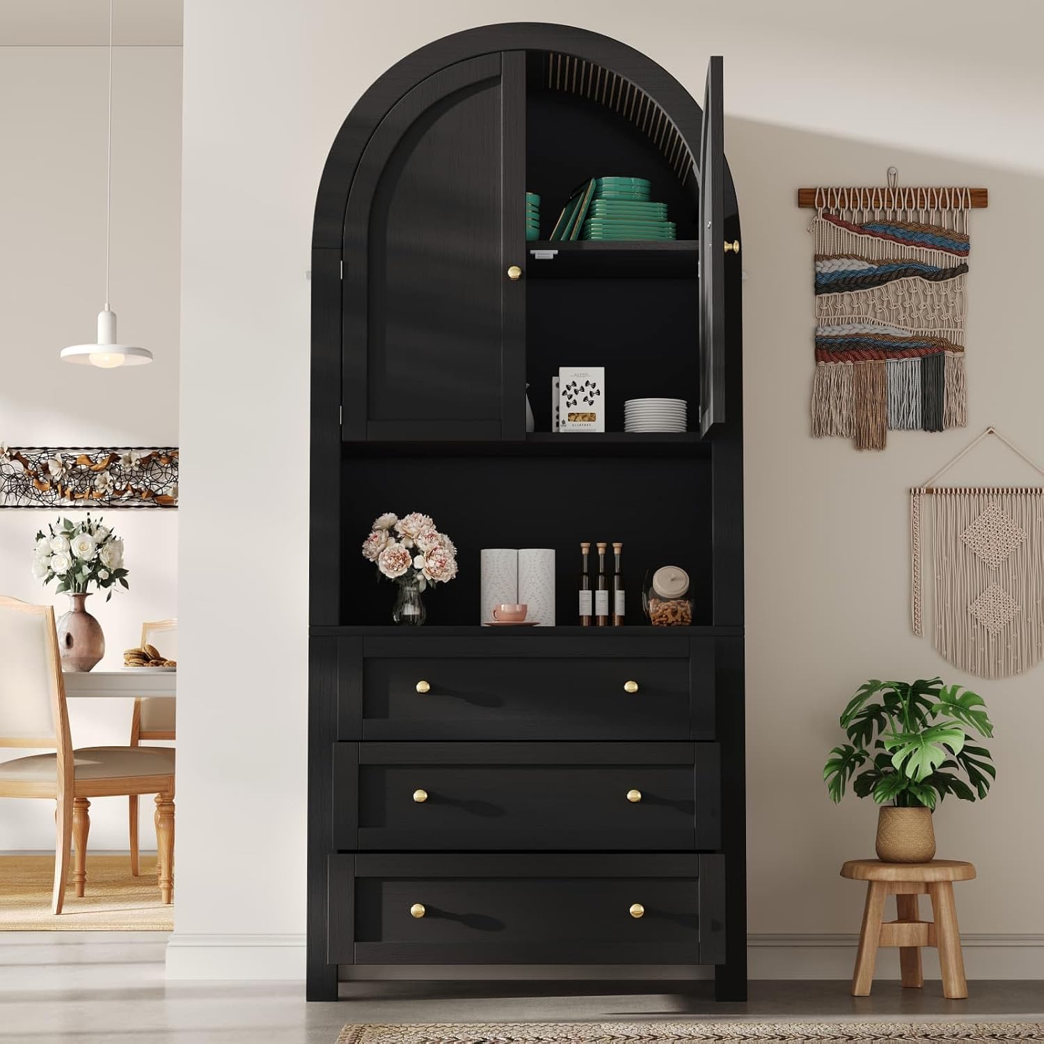KOMHTOM Armoire de Rangement Haute, Armoire en Bois, Meuble de Rangement, Conception avec Dessus Incurvé, 3 Tiroirs, 2 Portes, pour Cuisine et Salon Noir – Image 3