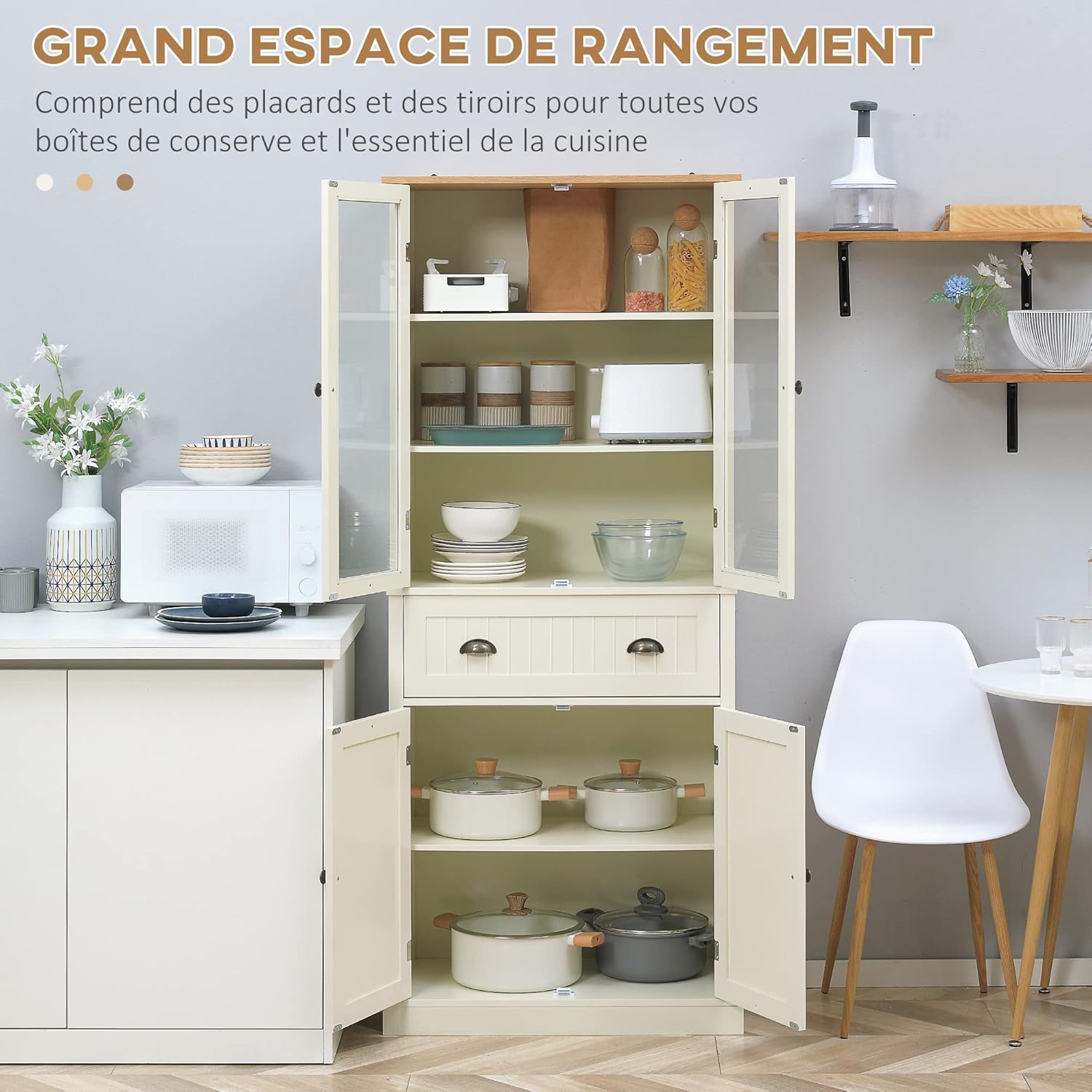 HOMCOM Buffet Meuble Cuisine Rangement Armoire de Cuisine 4 Portes Dont 2 Portes vitrées et 1 tiroir Hauteur 182,5 cm avec étagères réglables - Beige – Image 4
