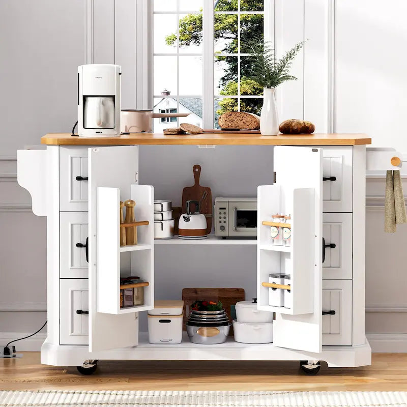 Expandable Drop-Leaf Kitchen Island, Kitchen Cart on 4 Wheels with Power Outlet, Moveable Island Table with 2 Door & 6 Drawers – Image 25