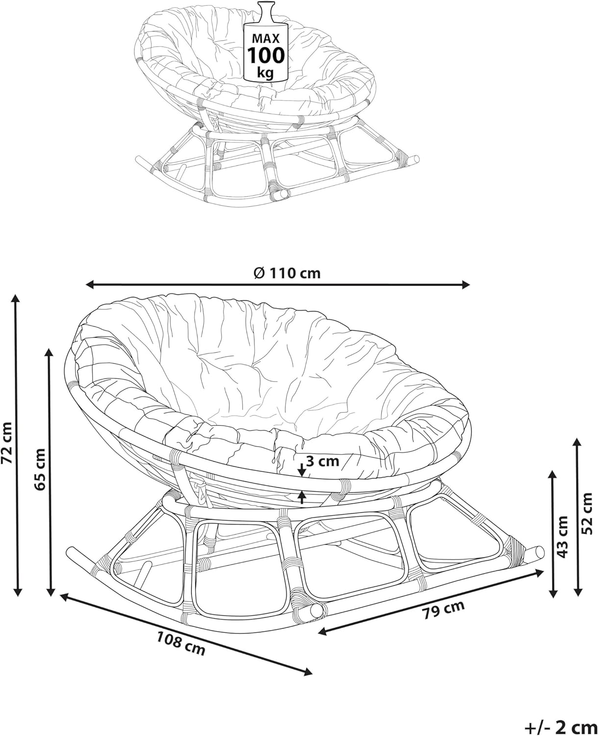 Beliani Fauteuil à Bascule Rond en Rotin Ton Naturel et Beige Clair Empilable Orvieto – Image 3
