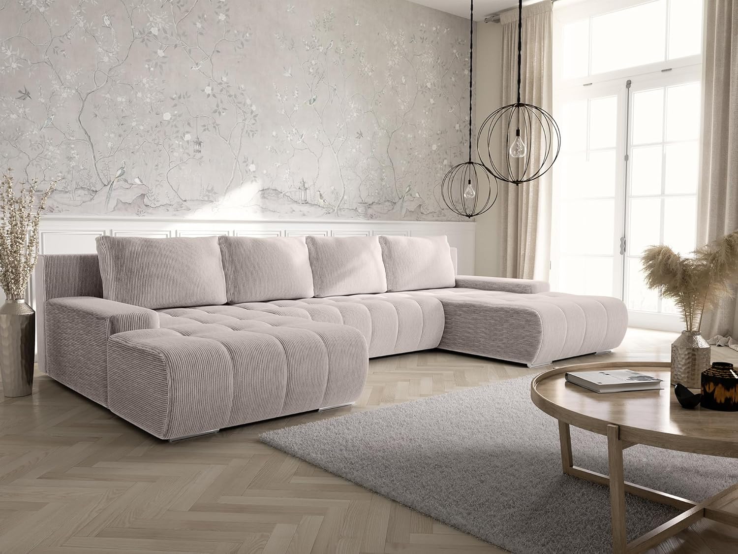 Tendencio Canapé panoramique Convertible BOLUTI en Velours côtelé avec Coffre de Rangement (Beige)