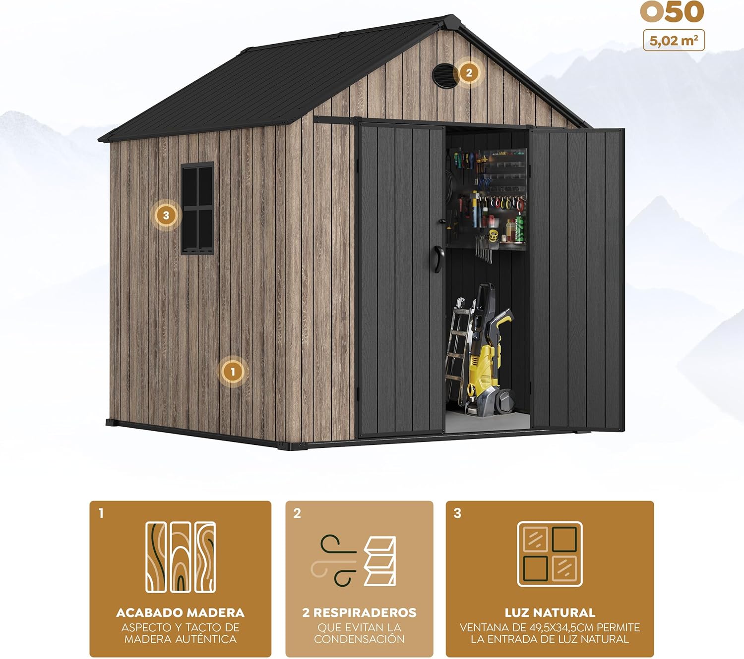 Hoggar Abri de jardin en résine 5,02 m² Oak O50 - Sol inclus - Fenêtre latérale - Aspect bois premium - Double porte large - Protection UV et imperméable - Fermeture par goupille - aérations – Image 3