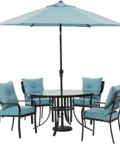 Hanover Lavallette 5-Piece Dining Set in Ocean Blue with 4 Stationary Chairs, 52-In. Round Glass-Top Table, Umbrella, and Base