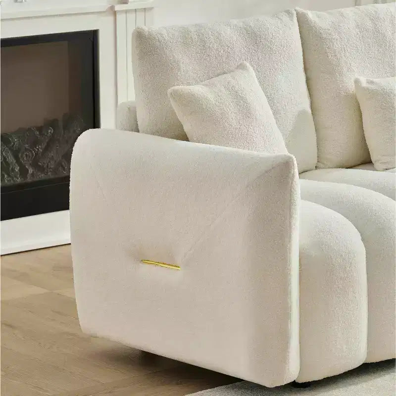 92 Teddy Fur Fabric Corner Sofa with Center Console, USB Ports & Coffee Table - White – Image 7