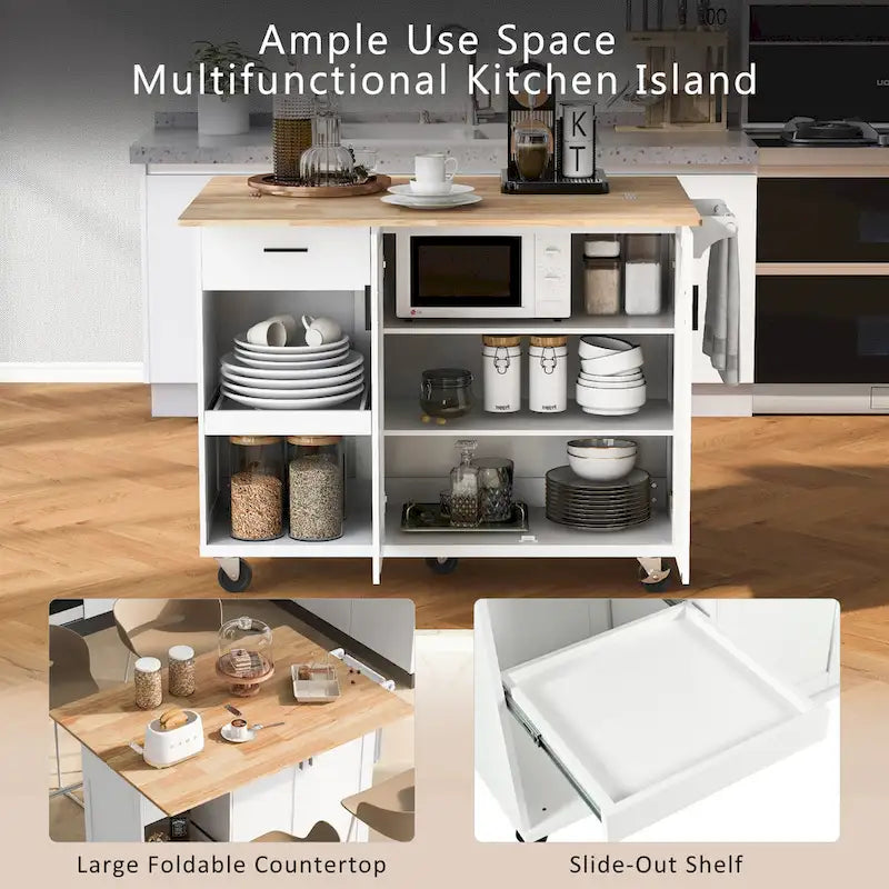 Kitchen Island with Foldable Counter Top, Kitchen Storage Cart with Slide-Out Shelf, Towel Rack and Drawer, Rolling Wheels – Image 24