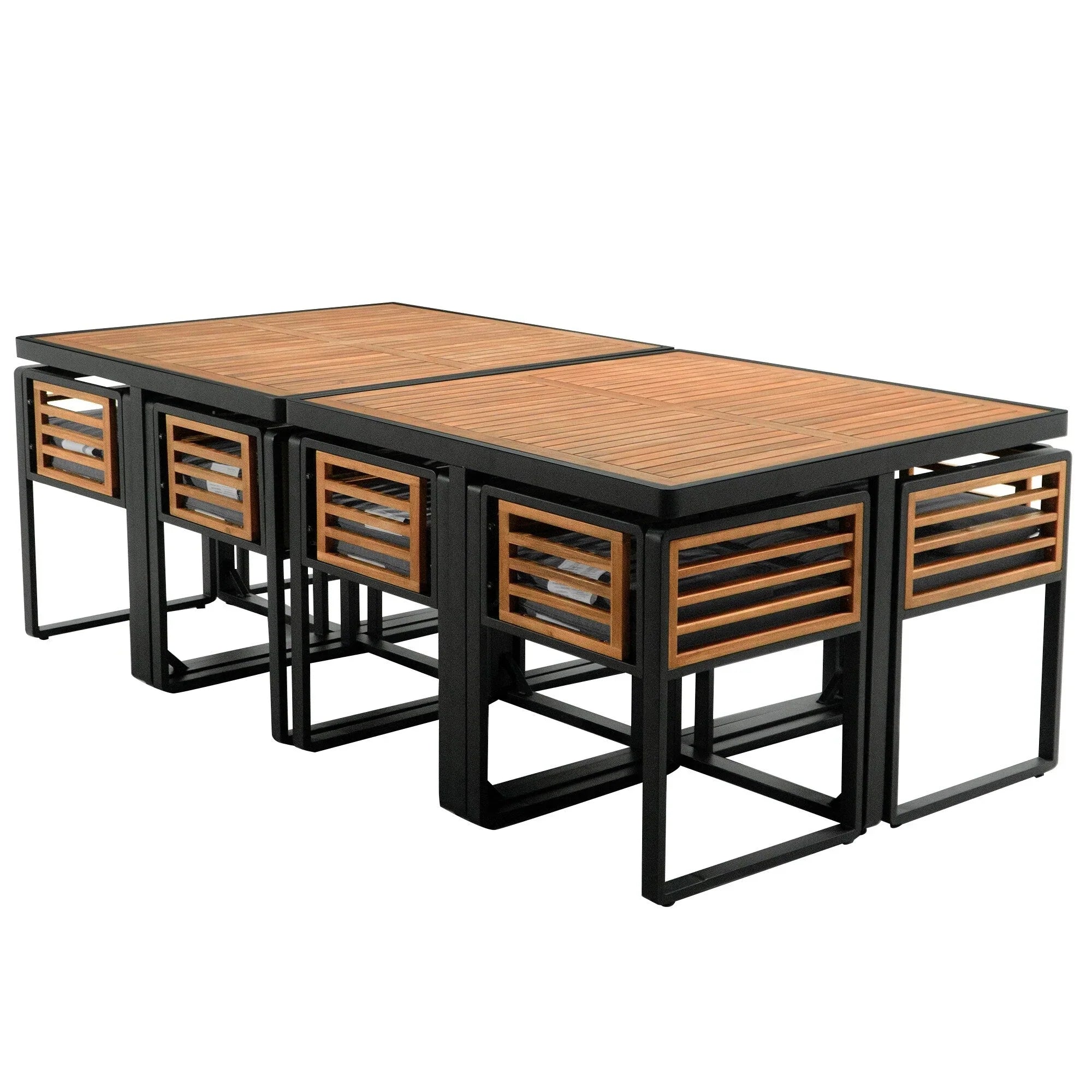 18-Pieces Acacia Wood Patio Dining Set, 8 Cushioned Chairs & 8 Ottomans & 2 Square Table – Image 7