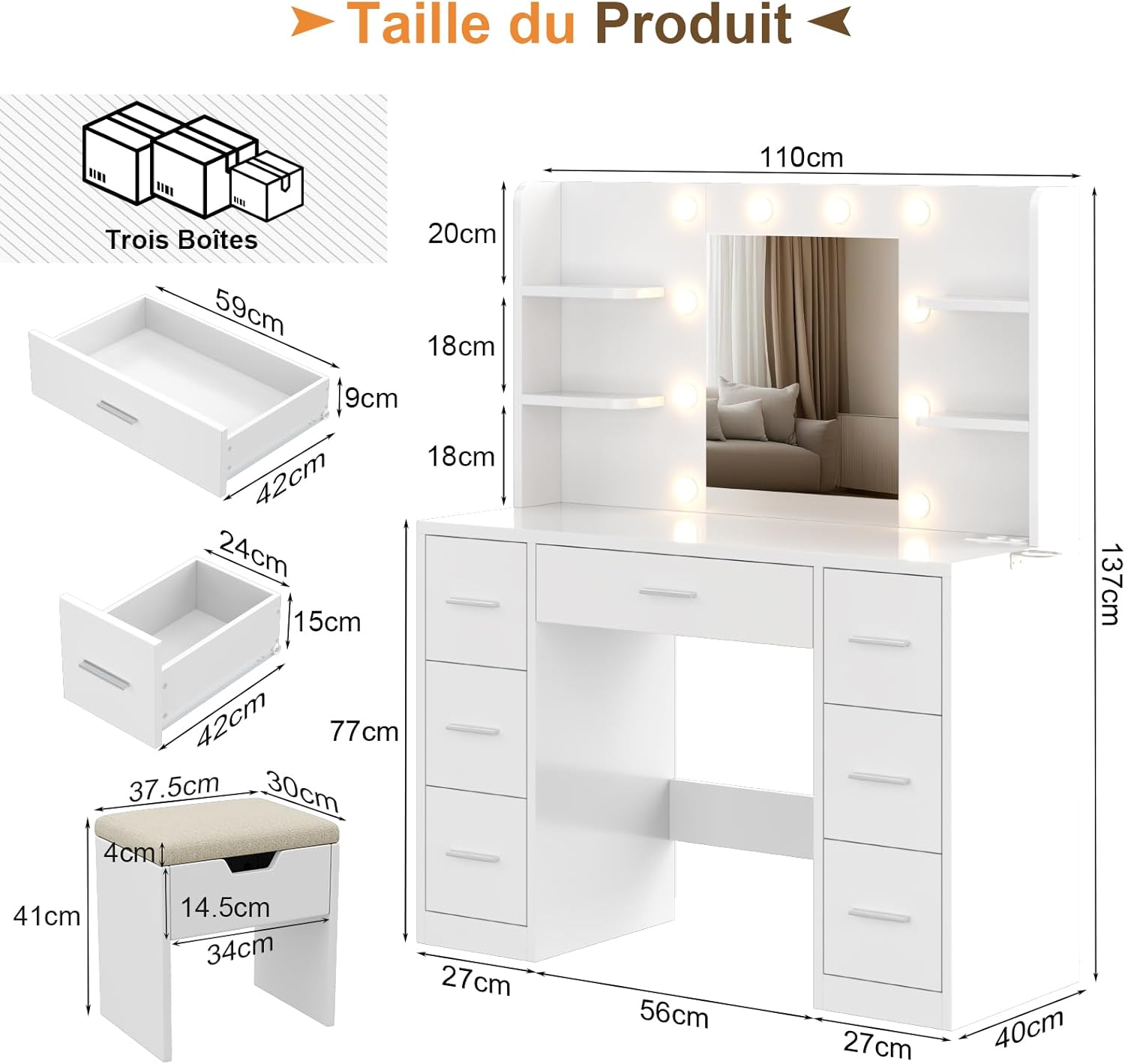 Devoko Grande Coiffeuse avec Miroir et Tabouret, Ampoules LED Réglables et Prise de Courant,Table de Maquillage avec 7 Tiroirs et 4 Étagères de Rangement,110 x 40 x 137 cm,Style Moderne Blanc – Image 2