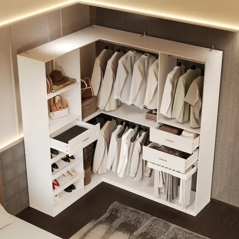 Corner Wardrobe Closet with 2 Hanging Rods, Pants Rack, and Shoe Storage Organizer Armoires – Image 4