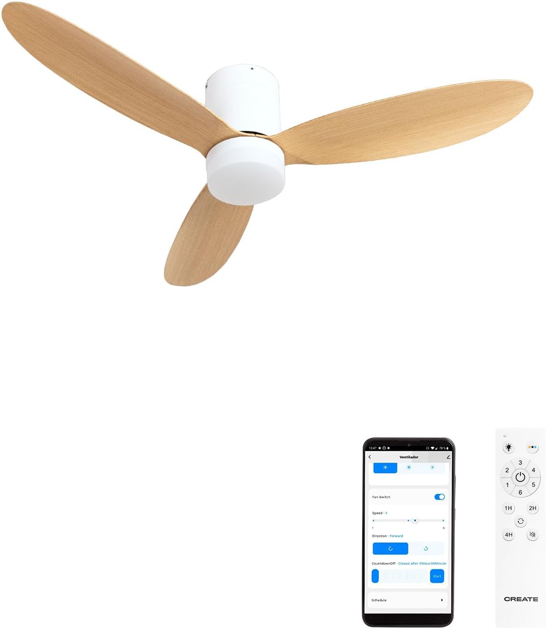 CREATE / WIND LITE/Ventilateur de plafond avec lumière en bois clair avec Wifi et télécommande / 40W, Silencieux, Ø132 cm, 6 vitesses, programmable, fonction été-hiver, lumière LED 3 températures