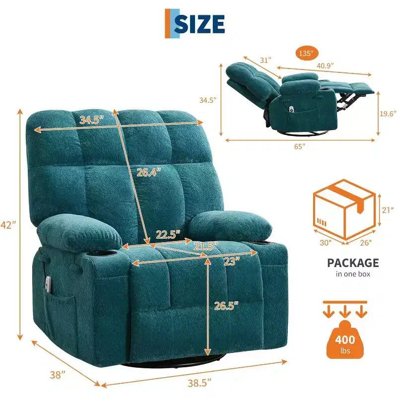 Oversized Recliner Chair for Adults, Manual Swivel Rocker Sofa, Side Pockets & Cup Holders for Big and Tall Persons, Living Room – Image 23