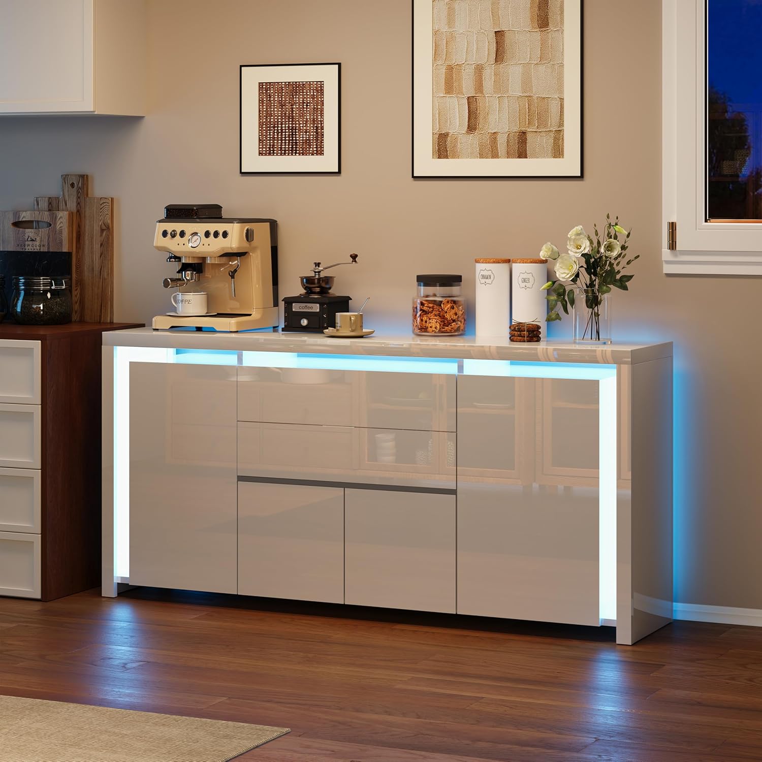 LONELYO Buffet Blanc Laqué 4 Portes2 Tiroirs avec Éclairage LED, Meuble de Rangement Moderne pour Salon, Cuisine ou Entrée, Design Haut Brillant Blanc