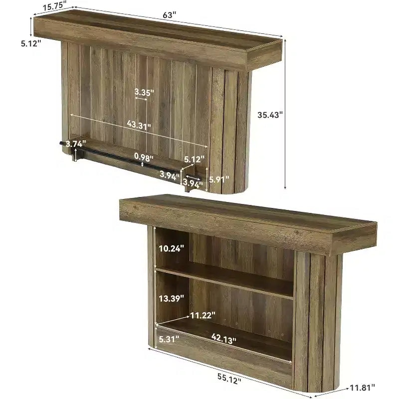 Lantine Bar Table, 63-Inch Wooden Home Bar Unit with Metal Footrest, Pub Table with Storage Shelves for Living Room, Bistro, Dining Room (Brown) – Image 2