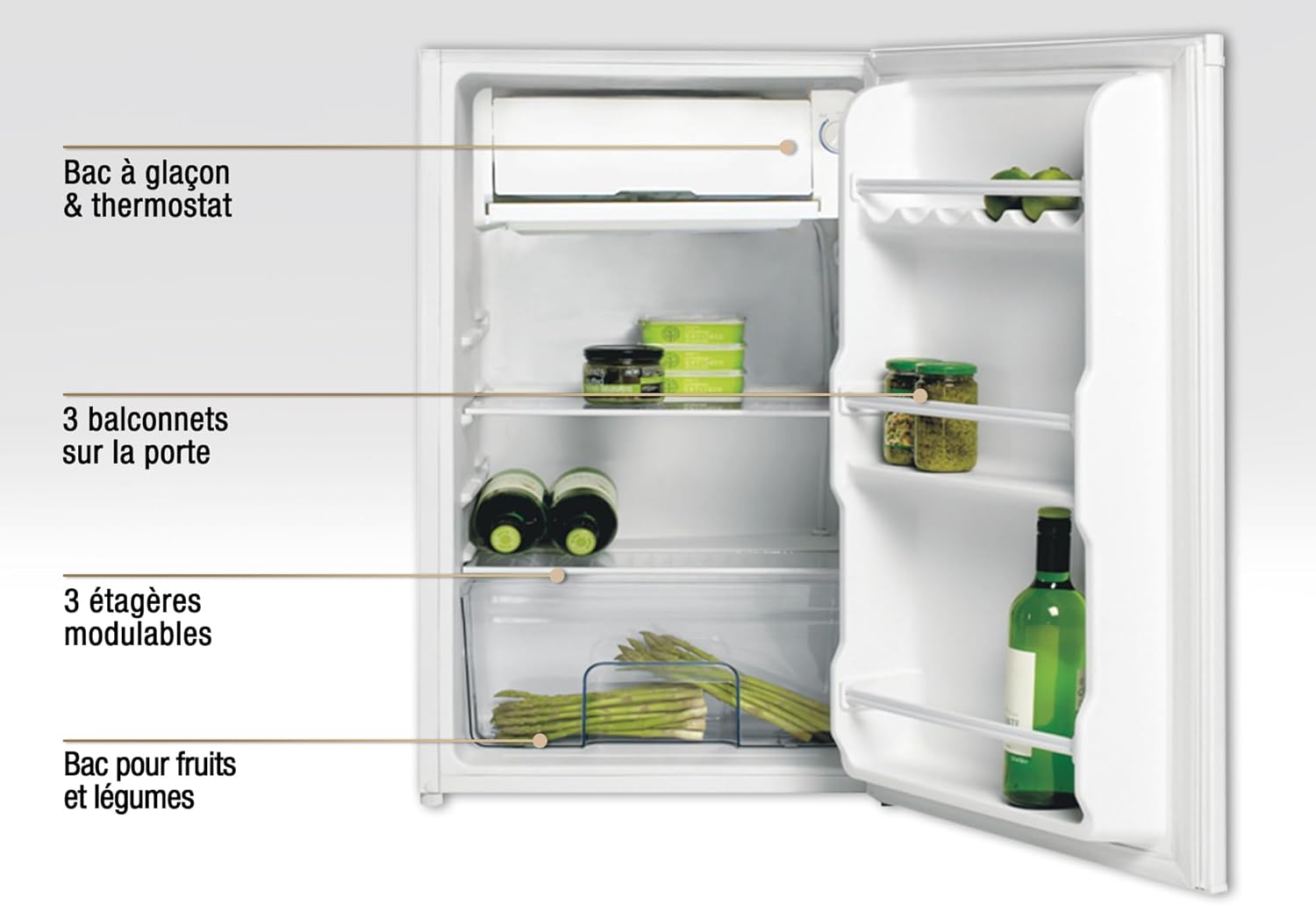 HYUNDAI Réfrigérateur Table Top 90 L Keep Fresh, Compact avec Freezer, Porte Réversible, 2 Clayettes Verre, Bac à Légumes, 41 dB (Blanc) – Image 7