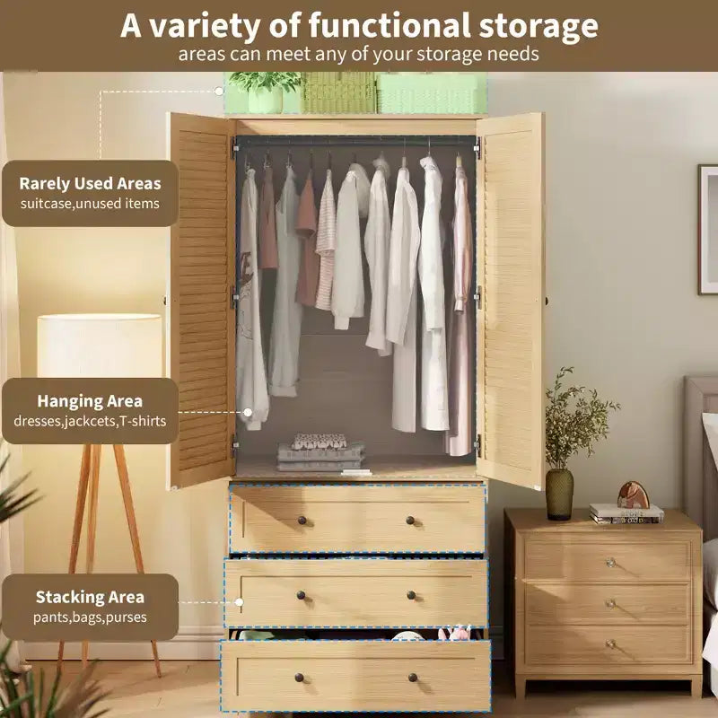 COZONY Armoire Wardrobe with 3 Drawers & 2 Doors, Modern Wooden Closet Cabinet for Bedroom, Heavy Duty White Standing Armoire – Image 19