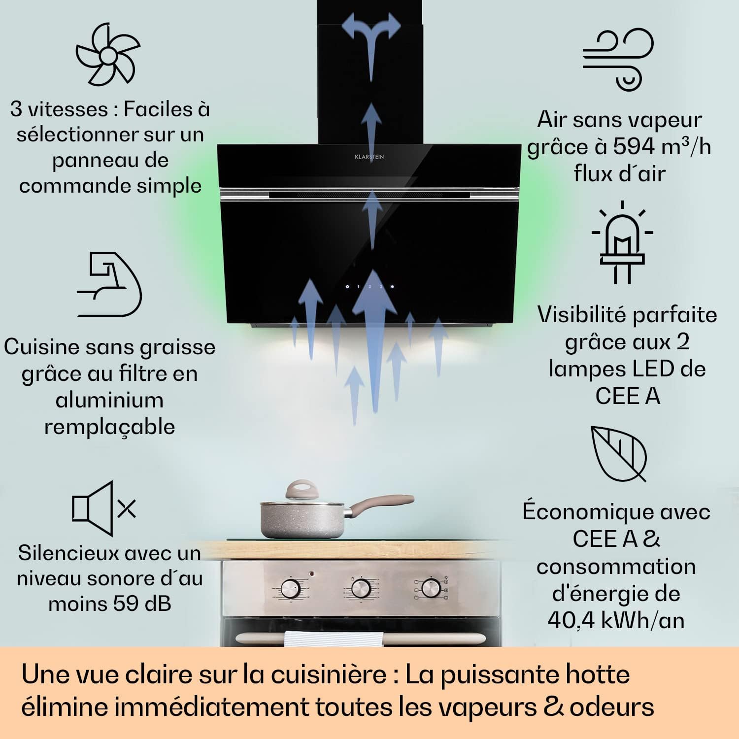Klarstein Alina 60 Hotte Aspirante - 600 m3/h, Panneau Tactile, LED Multicolore, Silencieuse 63 dB, Énergie Classe A, Hotte Décorative, 60 cm, Noir – Image 2