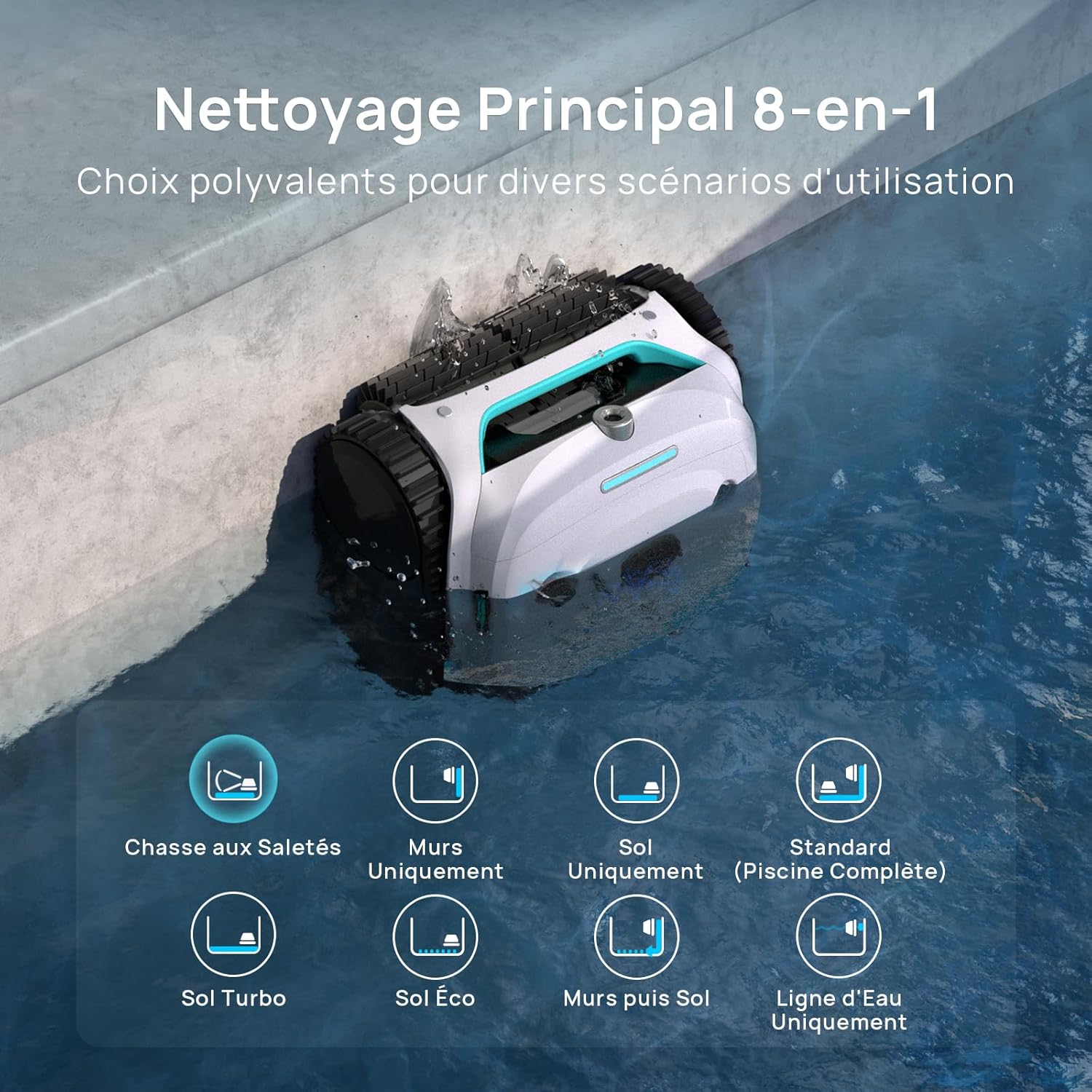 WYBOT (Nouveau Modèle) Robot Piscine sans Fil C2 Vision-A avec caméra IA, Filtration Ultra-Fine, Forte Aspiration, Nettoyage Fond/parois & Ligne d’Eau, Navigation Intelligente – Blanc – Image 5