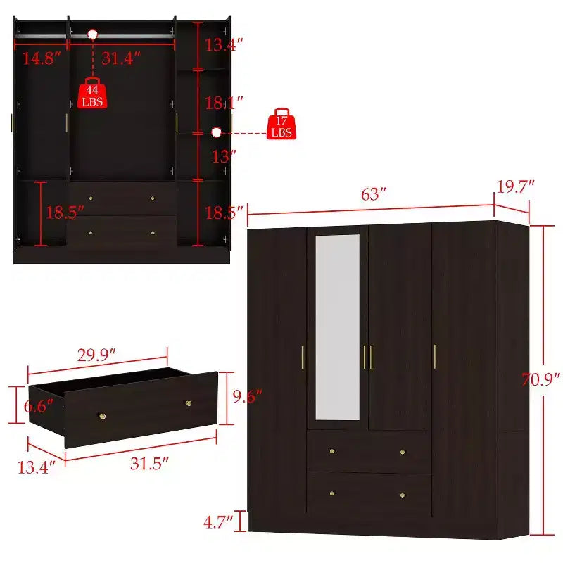 Hitow Armoire 2-Large Drawer Center Hanging Area with Mirror Minimalist Style – Image 5