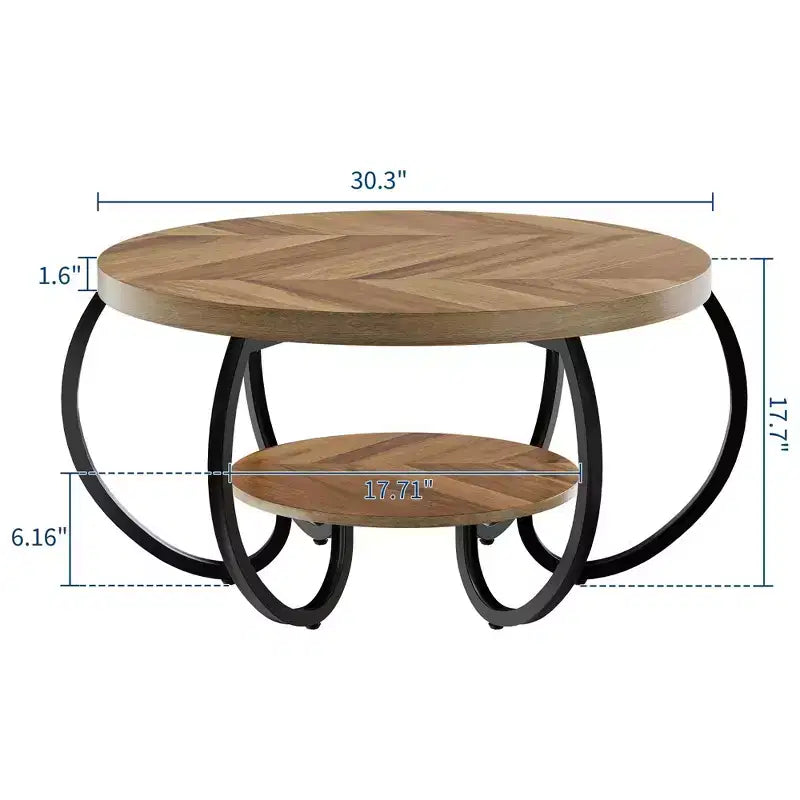 30 Inch Round Industrial Coffee Table 2-Tier with Adjustable Feet Wood Grain Shelf Flame Design Easy Assembly Living Room – Image 11