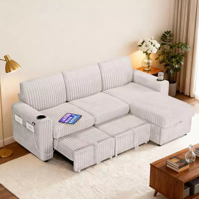 L-Shaped Sectional Sleeper Sofa with Pull-Out Bed, USB Ports & Storage – Image 5