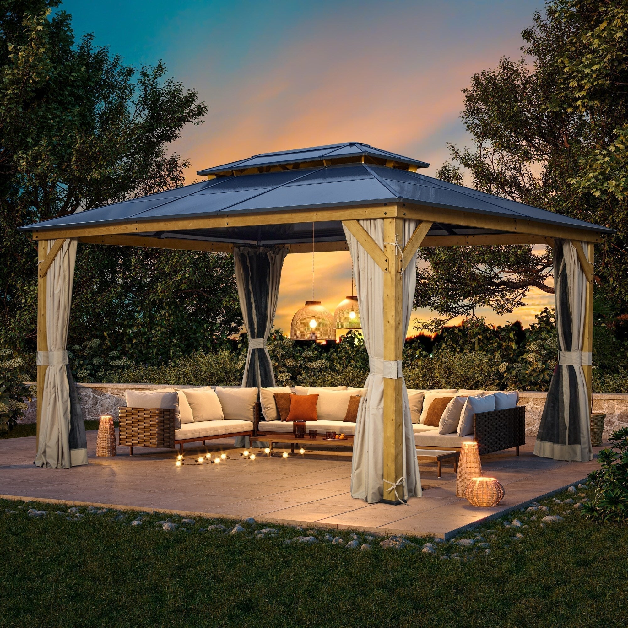 EROMMY Hardtop Gazebo,Outdoor Pergola with Double Roof & Netting & Curtains,Heavy Duty Canopy for Patio, Backyard, Pool party – Image 112