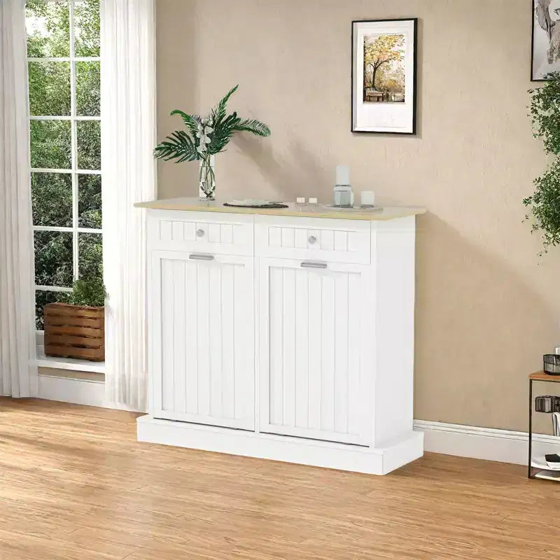 20 Gallons Tilt Out Trash Cabinet, 2 Door Wood Garbage Recycling Cabinet with Drawer, Freestanding Pet Proof Trash Bin for Kitchen Living Room – Image 7